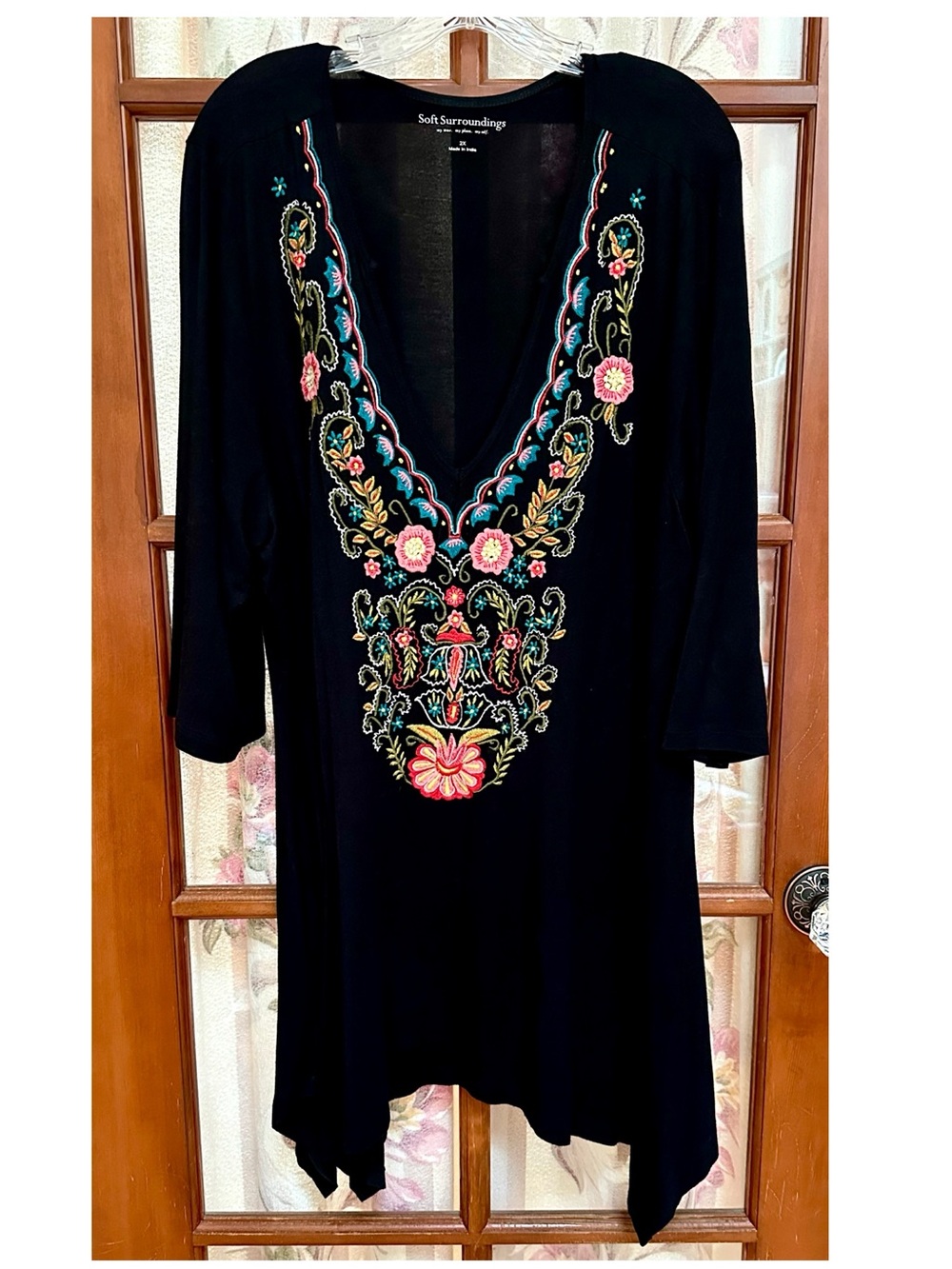 Soft Surroundings Black Tunic with Multicolor Floral Embroidery